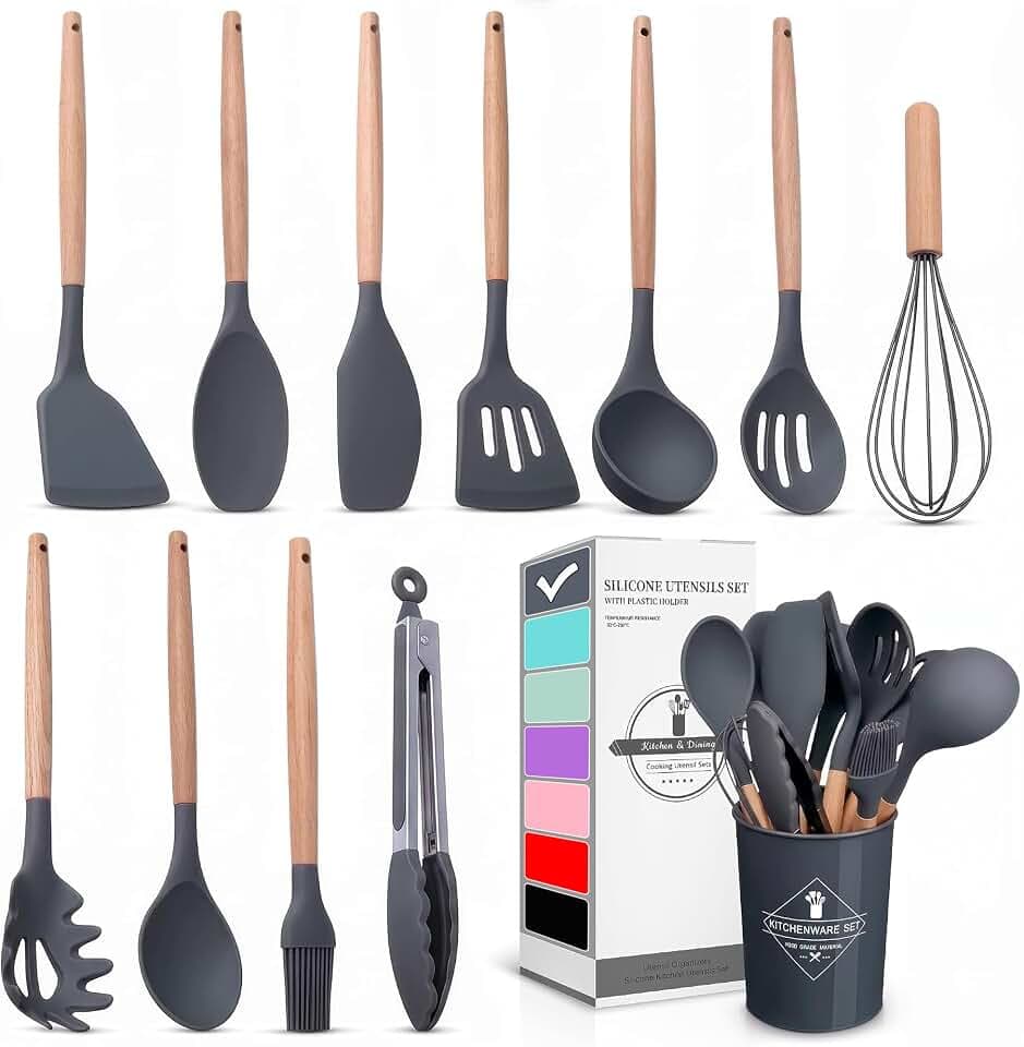 Set of 12 Gray Silicone Kitchen Utensils Set with Holder (Gray)