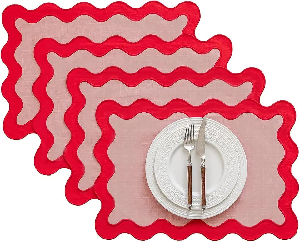Set of 4,13"x19" Cotton Table Placemats with Wavy Edge, Machine Washable Table Mats for Dining Table, Boho Scalloped Embroidered Placemats for Restaurant Kitchen, Table Decor(Cherry red)