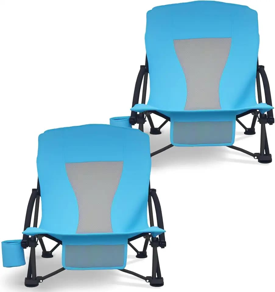 SUWT 2 Pack Low Back Beach Chair with Cooler Bag, Folding Mesh Outdoor Chair, Heavy Duty Steel Frame, Lightweight Portable Camping Chair, 300lbs Capacity with Cup Holder for Travel Lawn Concert, Blue