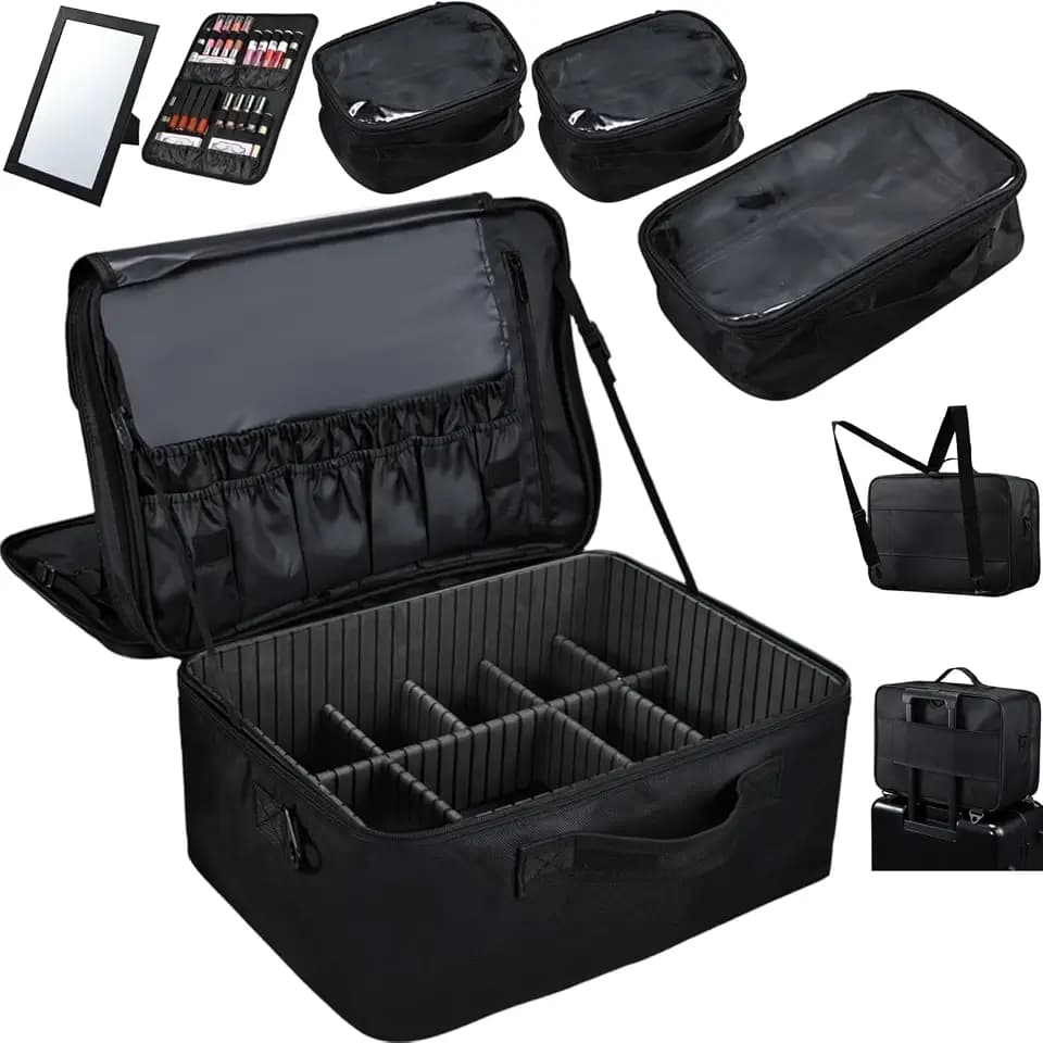 Extra Large Makeup Case 8.5” Deep Professional Cosmetic Organizer Box Brush Holder with 3 Clear Set Bags/Lipstick Plate for Makeup Artists with Shoulder Strap/Adjustable Dividers/Luggage Sleeve