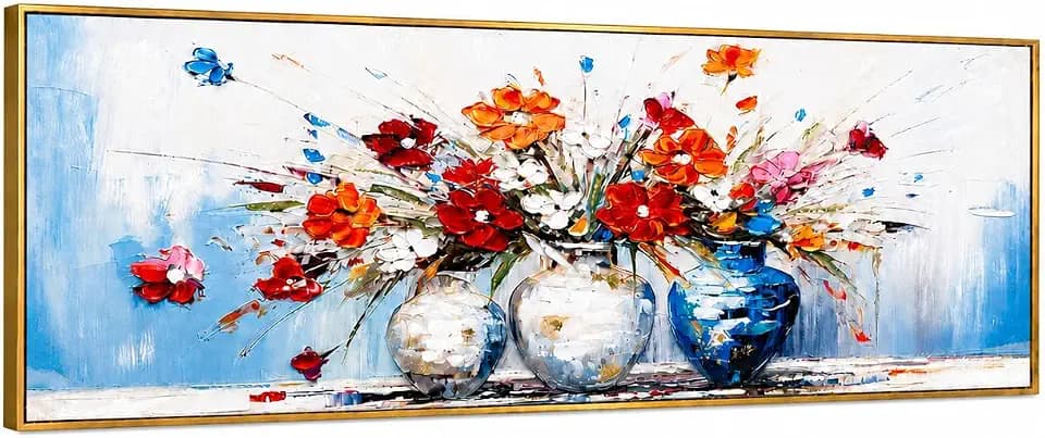 Large Framed Floral Canvas Wall Art, Flowers in Vases, 48 x 16 Inch
