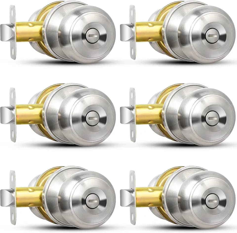 Sopoby 6 Pack Privacy Door Knob, Brushed Nickel Round Keyless Doorknobs