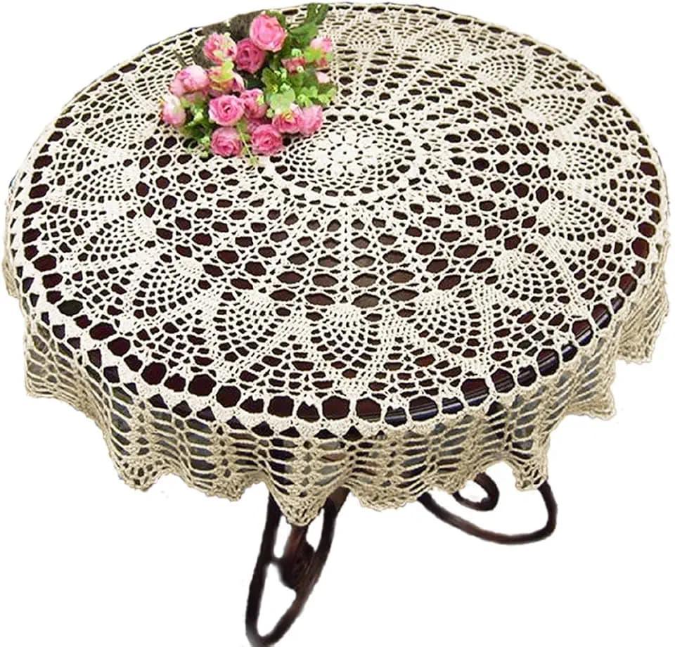 KEPSWET Cotton Sunflower Handmade Crochet Lace Tablecloth Beige 40 inch