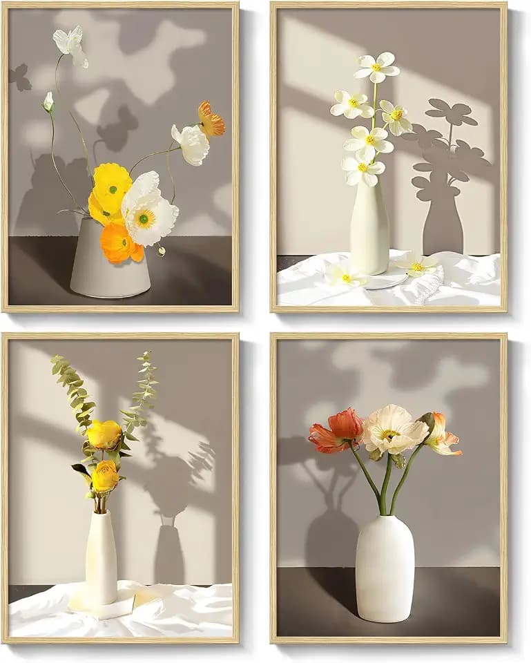 Framed Botanical Floral Wall Art, 4 Piece Yellow Flower Canvas Painting Prints Artwork for Walls, Modern Elegant Pictures for Living Room Bedroom Kitchen Hallway Dining Room Home Decor, 12x16 Inch