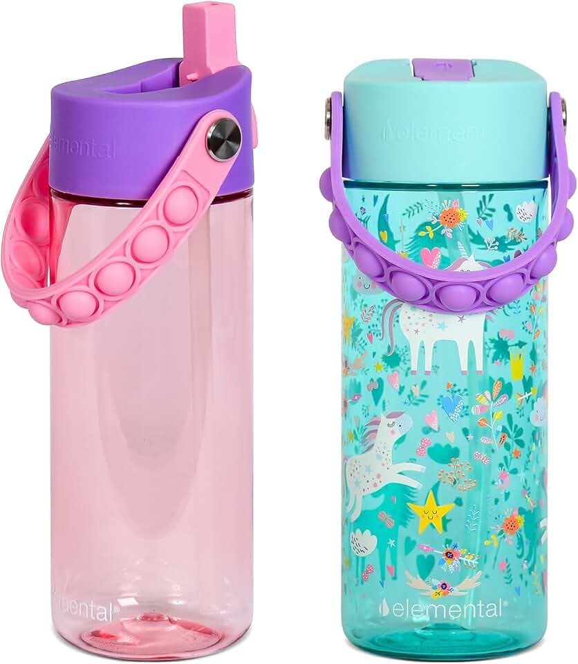 Elemental Splash 18oz Kids Water Bottle for School w/Straw & Pop-It Handle