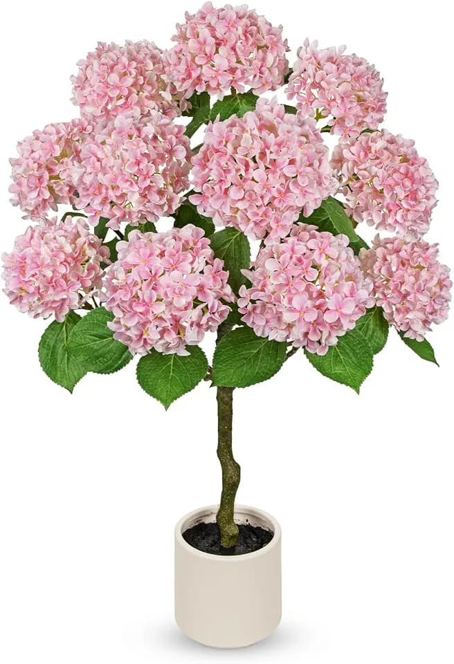 Hollyone Artificial Hydrangea Tree 3FT Pink Hydrangea Artificial Flowers Tree in Pot Fake Hydrangeas Plants & Flowers in Planter Greenery Potted Plant Indoor Outdoor Front Door Porch Home Decor