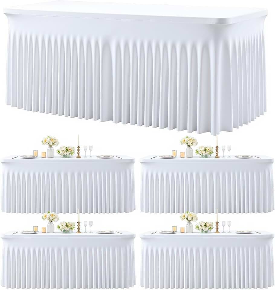 6 Pack White Table Cloth for 8 Foot Rectangle Tables Spandex Fitted Tablecloth 8ft Stretch Table Covers Skirt White Banquet Tablecloths Wrinkle Free Tablecloth for Party Wedding Birthday Event