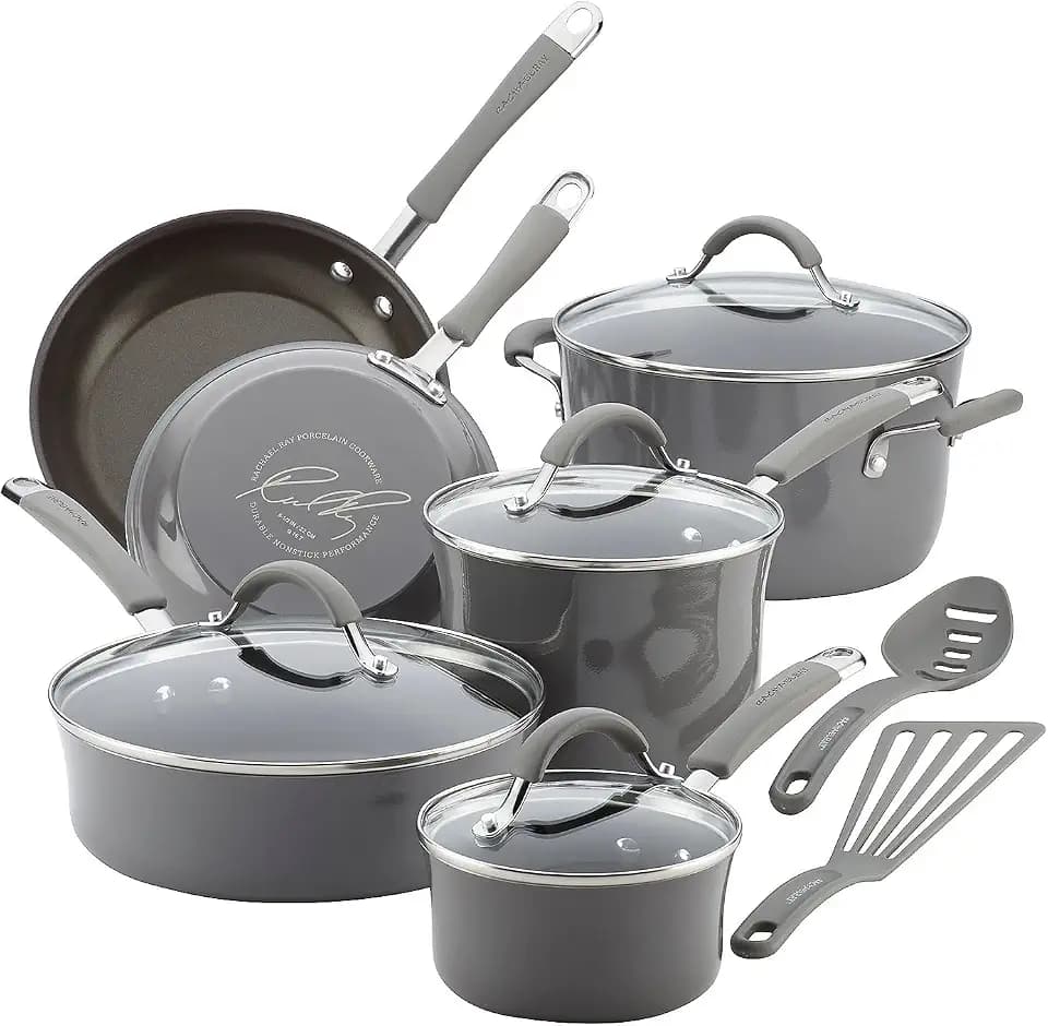 Rachael Ray Cucina Nonstick Cookware, Sea Salt Gray Pots and Pans Set, 12-Piece