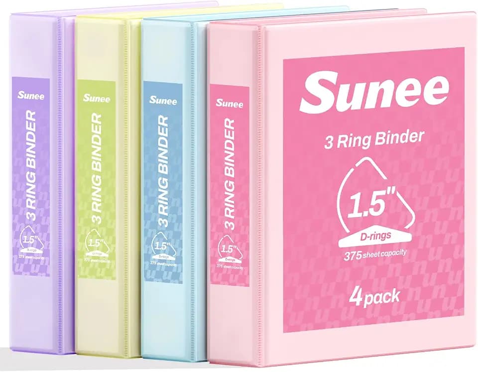 SUNEE 3 Ring Binder 1.5 Inch D Ring, Clear View Binder Three Ring PVC-Free (Fit 8.5x11 Inches) for School or Office Supplies, Assorted Pastel, 4 Pack