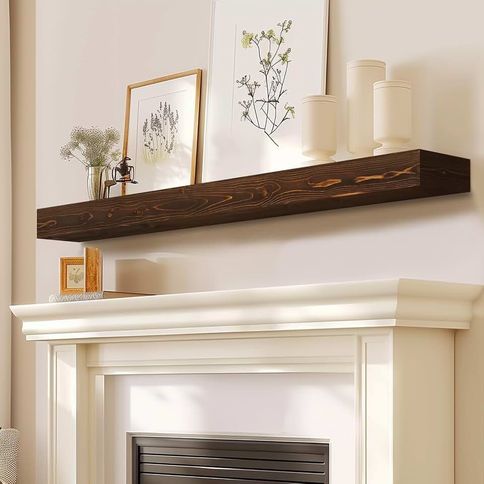 48'' Fireplace Mantel, 3'' Thick Pine Wood Floating Shelf, Brown