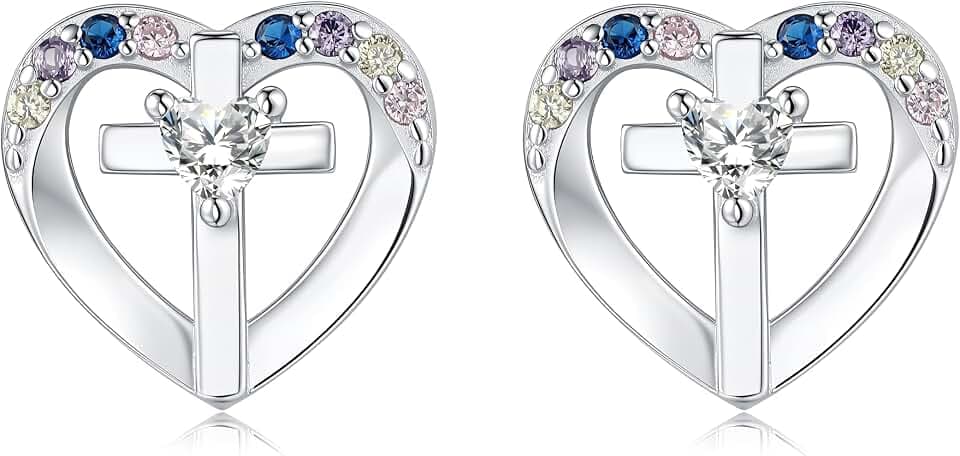 925 Sterling Silver Heart Cross Stud Earrings for Women Hypoallergenic
