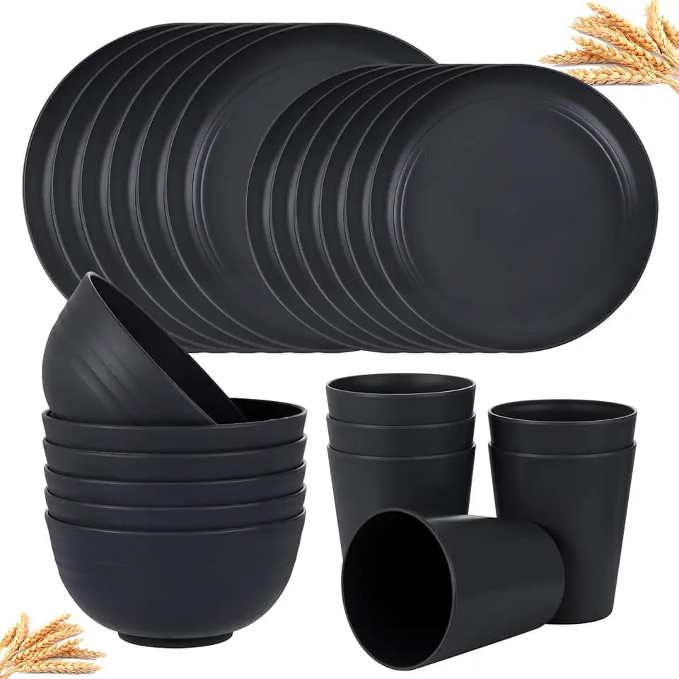 Supernal 24pc Black Wheat Straw Dinnerware Set, Unbreakable Dish Set for 6