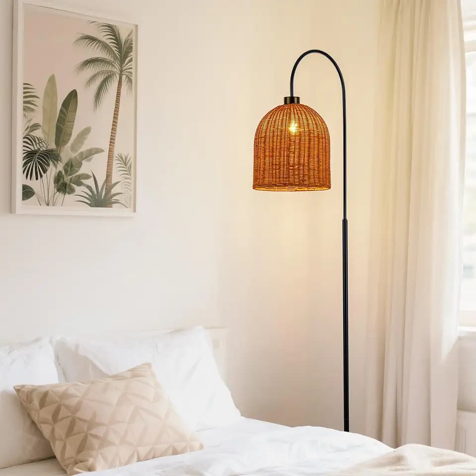 MAYNA Black Arc Floor Lamp with Handwoven Rattan Shades