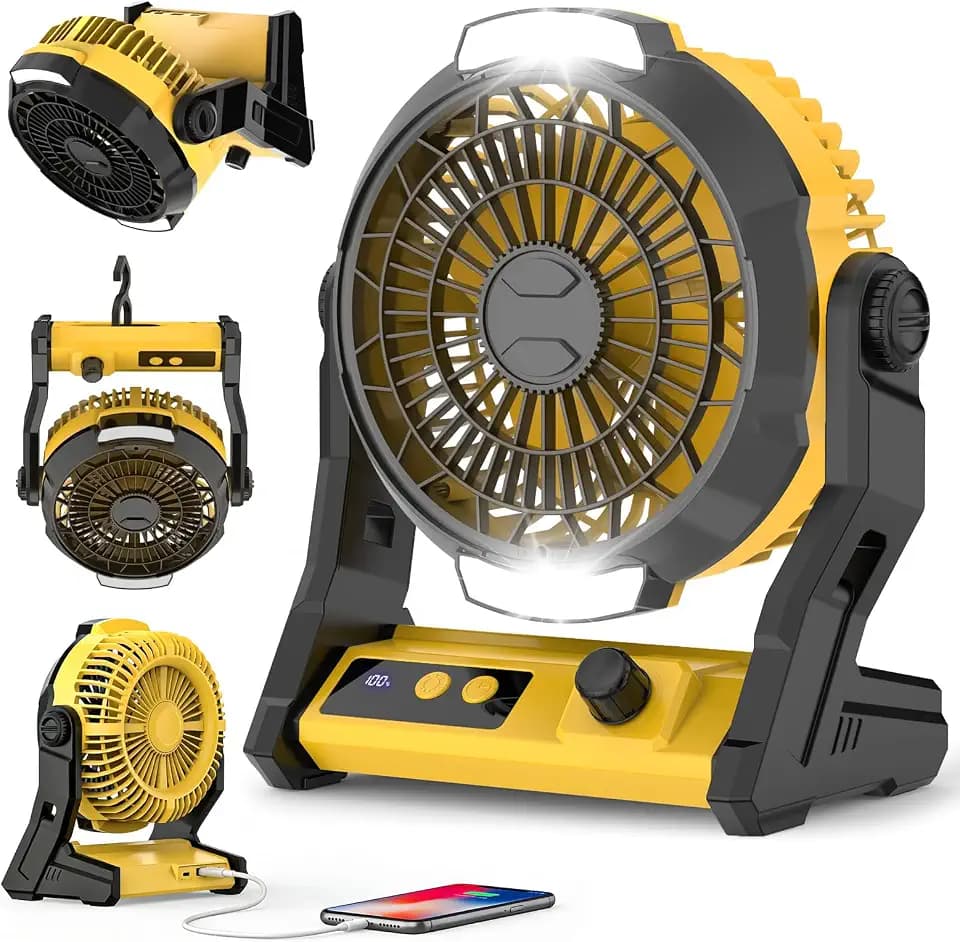 Electactic Rechargeable Camping Fan with Battery, 100-Speed Adjustable, 3-in-1 Desk & Hanging Fan, Timer & Night Light, Outdoor USB Power Bank Fan for Tent Travel Bedroom Office