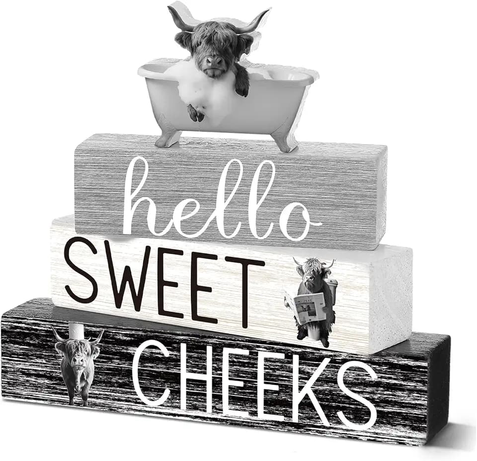 Cinnvoice 4 Pcs Funny Highland Cow Hello Sweet Cheeks Bathroom Decor Sign