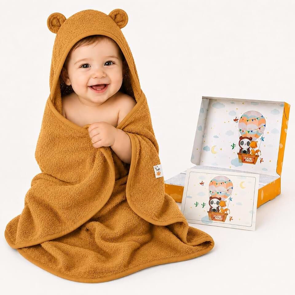 FUCHSUNDPANDA Fuchs&Panda® Kapuzenhandtuch Baby EXTRA dick, warm & weich | 75x75cm Babyhandtuch mit Kapuze (100% Bambus) | Baby Handtuch Kapuze mit toller Geschenkverpackung (Lehm-braun)