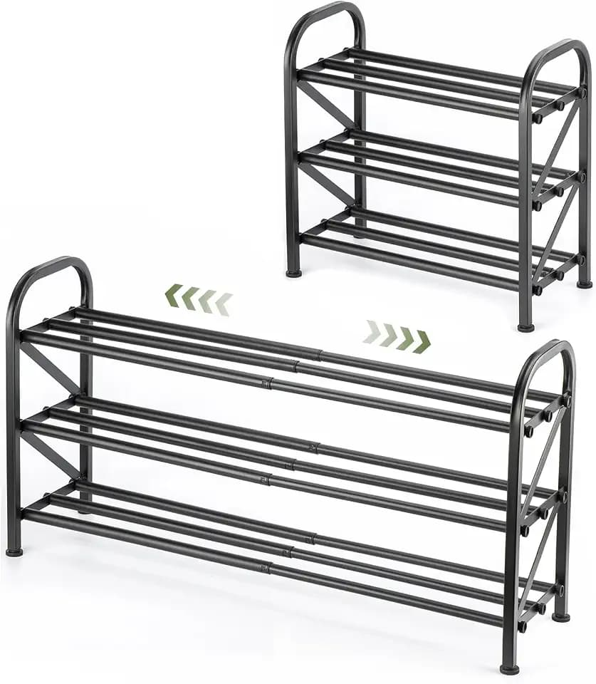 3 Tier Expandable Shoe Rack for Closet, Adjustable Small Shoe Organizer Storage, Heavy Metal Free Standing Narrow Shoe Racks for Entryway, Garage, Doorway Black 16"-33"