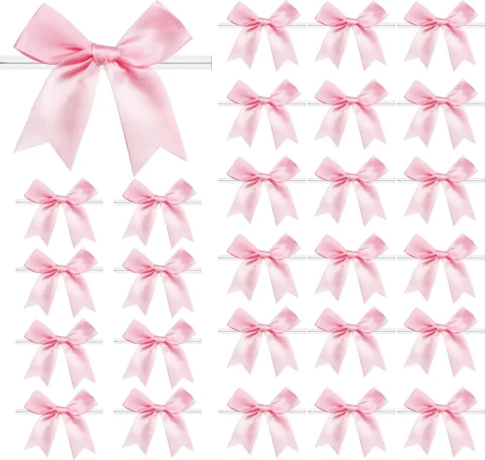 50 Pcs Twist Tie Bows Satin Ribbon Bow 3.3 Inch Gift Wrap Bow Craft Bows for Gift Wrapping, Party Decorations Gifts Bag DIY Treat Bags Light Pink