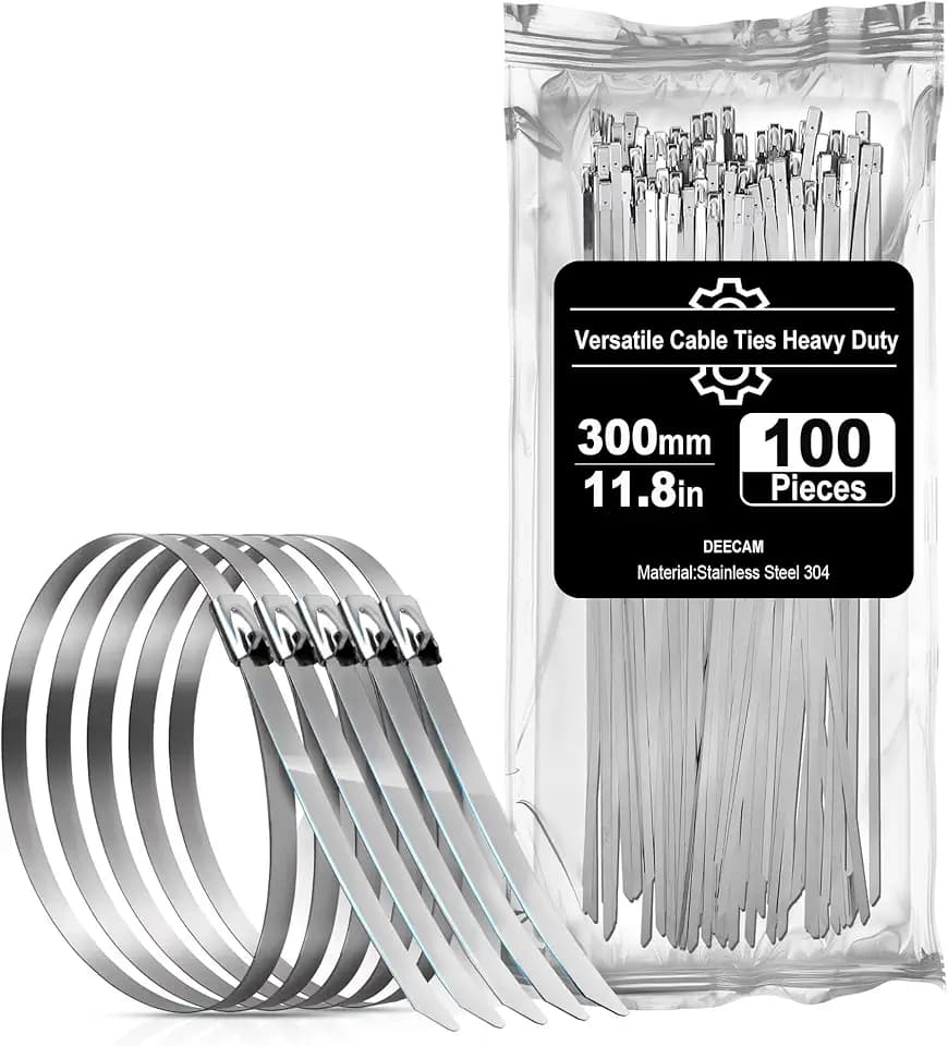 100 Stück Edelstahl Kabelbinder, Deecam 300x4,6 mm Kabelbinder Metall,125kg Zugfestigkeit, uv Beständig, Abnehmbar, für Auspuffaufwicklung, Kabelbündelung, Gartenpflege, Fester Zaun und Markise