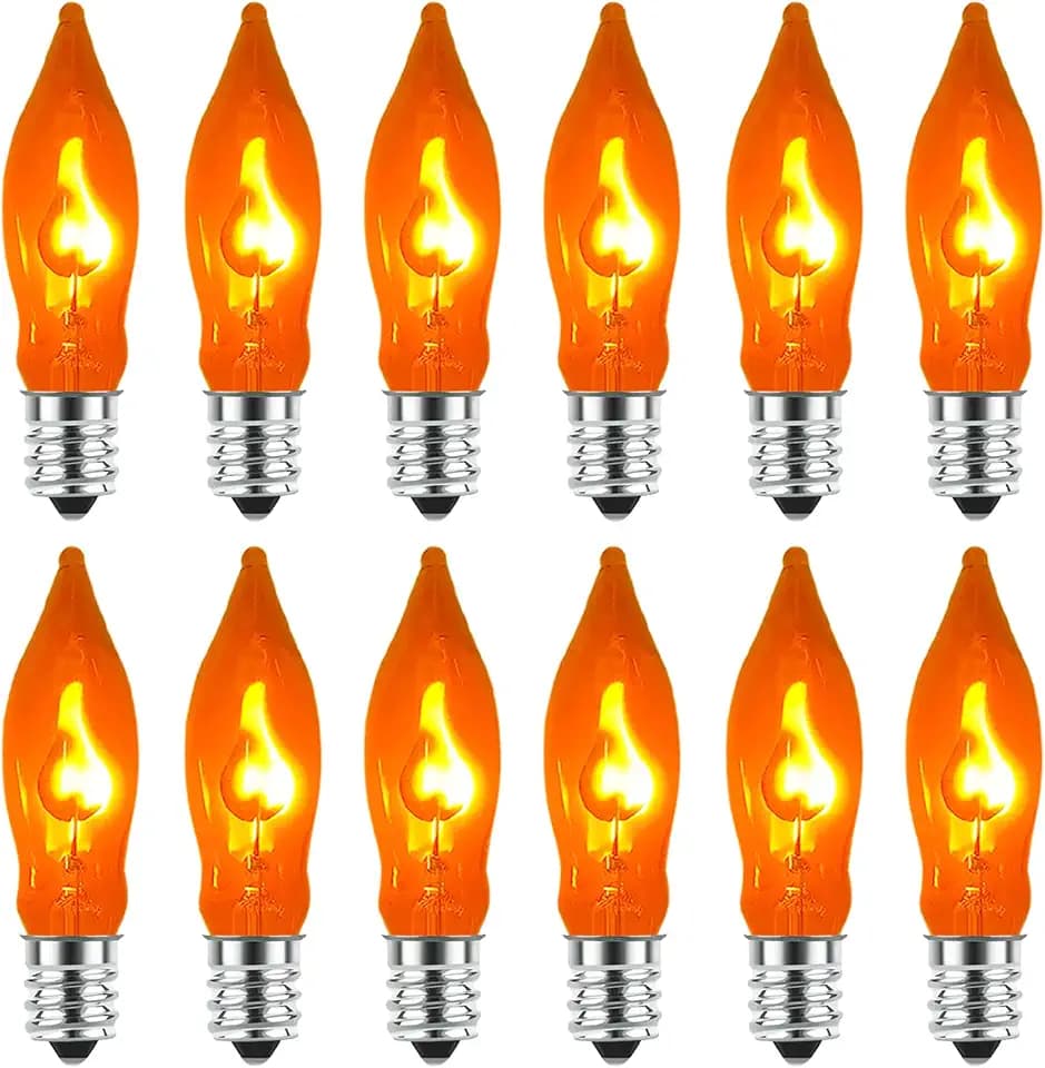 Flickering Flame Light Bulbs, 12 Pack C7 Orange Flickering Light Bulbs, E12 Candelabra Base Replacement Bulb for String Lights Chandelier Nightlight Candle Lamp Christmas Halloween Decor, 1 Watt