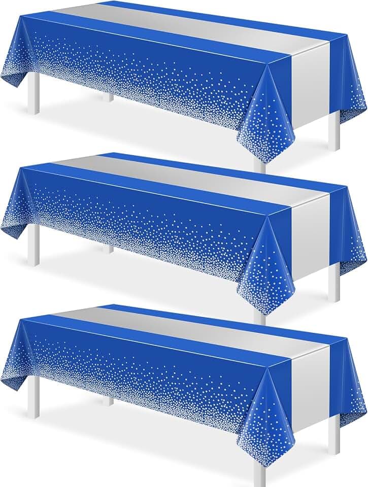 3Pcs Blue and Silver Tablecloth Party Decorations,Plastic Royal Blue Table Cloth Printed Silver Table Runner Disposable Rectangle Tables Cover for Anniversary Wedding Graduation 2025 Party,54x108 Inch