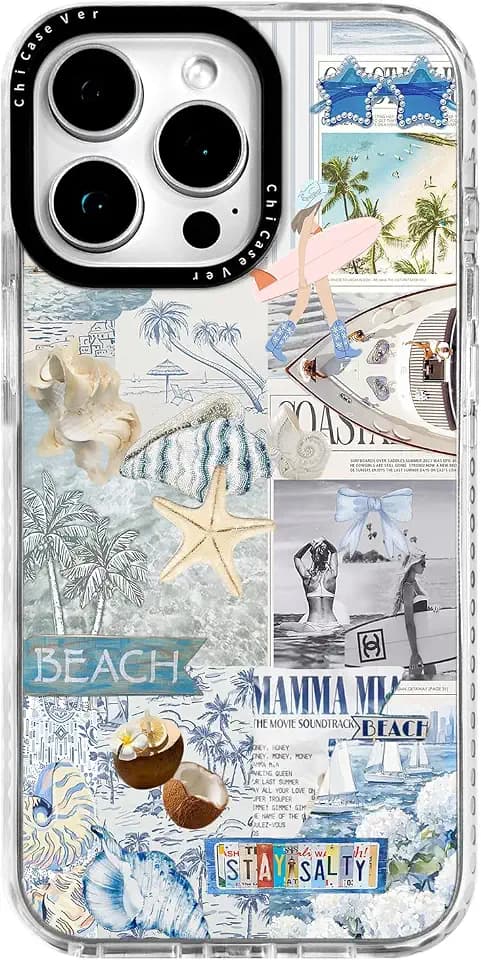 for iPhone 12 Pro Case, Nostalgic Beach Collage with Surfboard & Stay Salty, Military-Grade Drop Protection, Coastal Soft Slim TPU Protective Cover with Camera Protection for Women & Girls