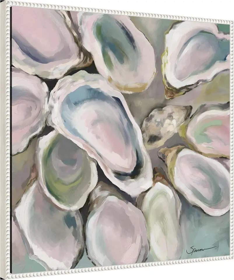 Kate and Laurel Sylvie Neutral Painterly Oyster Roast Framed Canvas Wall Art by Mary Sparrow 30 x 30 Beaded White, Coastal, Abstract, Beach Art for Wall Decor, Living Room, Bedroom, Office, Kitchen