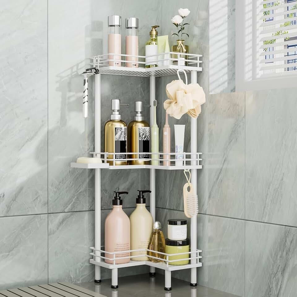 Consumest Corner Shower Caddy Standing - 3-Tier Stainless Steel Shower Organizer with Soap Holder and 4 Hooks, Large Capacity Corner Shelf Stand for Bathroom, Rest Room, White