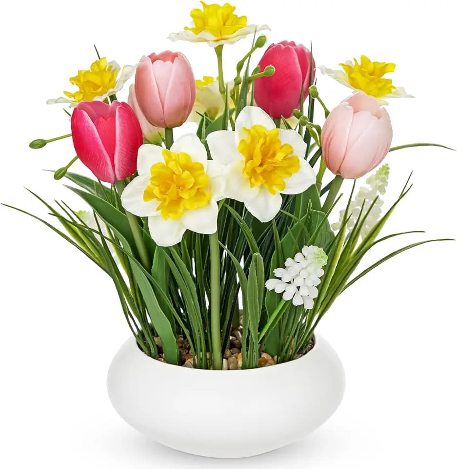 Hollyone Tulips Artificial Flowers with Daffodil Bulbs in Vase Fake Tulips Silk Flowers Arrangements with Ceramic Pot Daffodil Tulip Bulbs Floral Bouquet for Home Decor Table Centerpiece White Pink