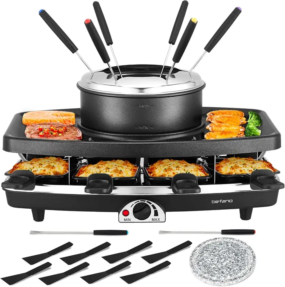 Electric Raclette Grill With Fondue Pot, 1100W Table Grill for 8 Peopl