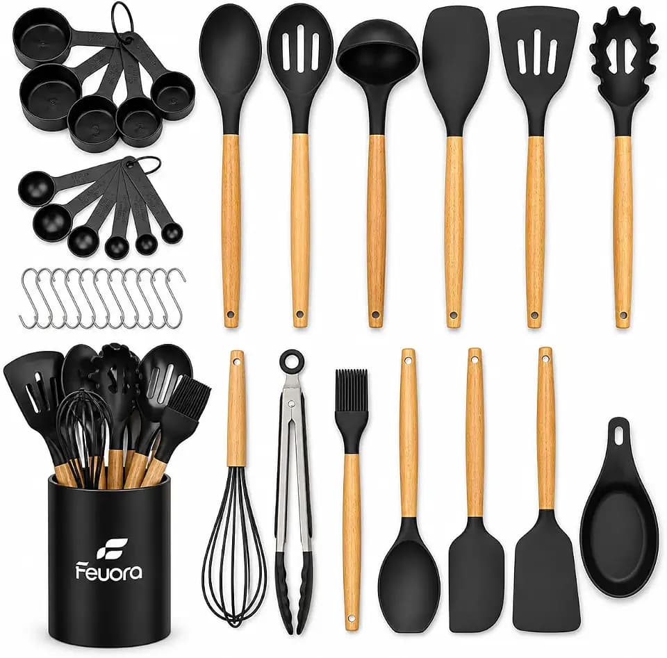 33PCS Silicone Kitchen Utensil Set, Heat Resistant Nonstick Cooking Utensils with Wooden Handles, BPA-Free Kitchen Tools Set (Black)