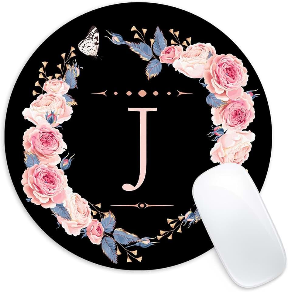 Letter J Black and Pink Flowers Round Mouse Pad, Funny Small Mouse Mat with Non-Slip Rubber Base, Home Office Decor Desk Accessory, 8.7 inch Round