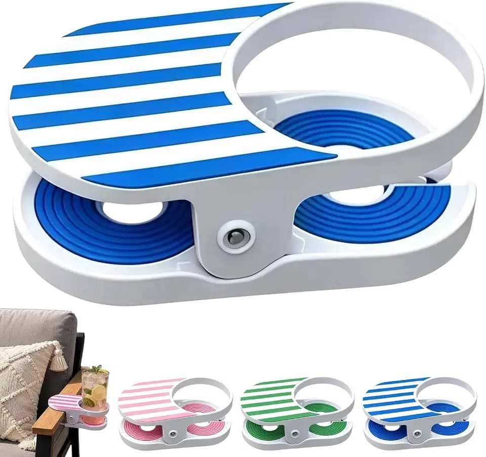 Mainstays Clip-On Drink Holder - Secure Your Beverage Anywhere, Drinking Cup Holder Clip with Side Hole, Portable Cup Holder for Desk, Chair for Water Drink Beverage Soda Coffee Mug (Blue)