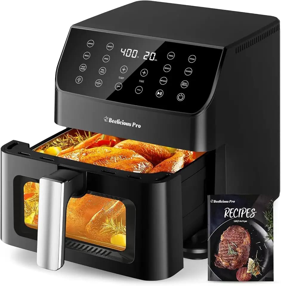 Beelicious Large AirFryer Machine, 12-in-1 Digital Airfryer with Window, Dishwasher Safe, 5.8Qt, 40+ Recipes, Flavor-Lock Tech, Shake Reminder, Compact, Quiet, Nonstick Air Fryers. Black