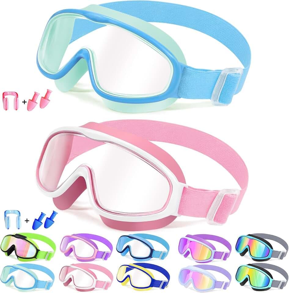 2 Pack Kids Swim Goggles for 3-14, Fabric Strap Wide View Anti Fog& UV