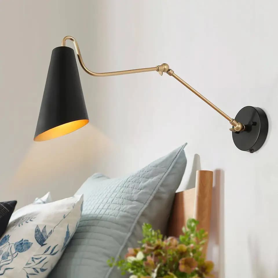 KSANA Modern Swing Arm Wall Lamp, Plug in or Hardwired Wall Sconces Lighting, Black and Gold Adjustable Light Fixture with On/Off Switch for Bedroom, Kitchen and Living Room