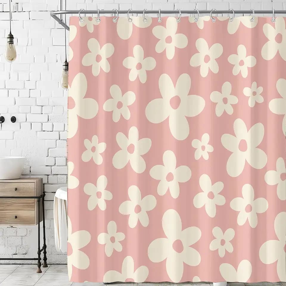 Cute Retro Pink Floral Abstract 70s Aesthetic 72W*72H Inch Shower Curtain