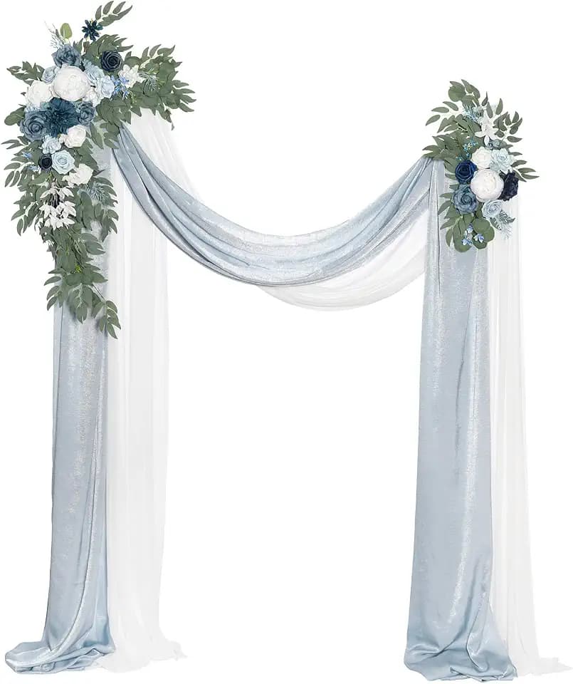 Ling's moment Wedding Arch Flowers with Drapes, Dusty Blue