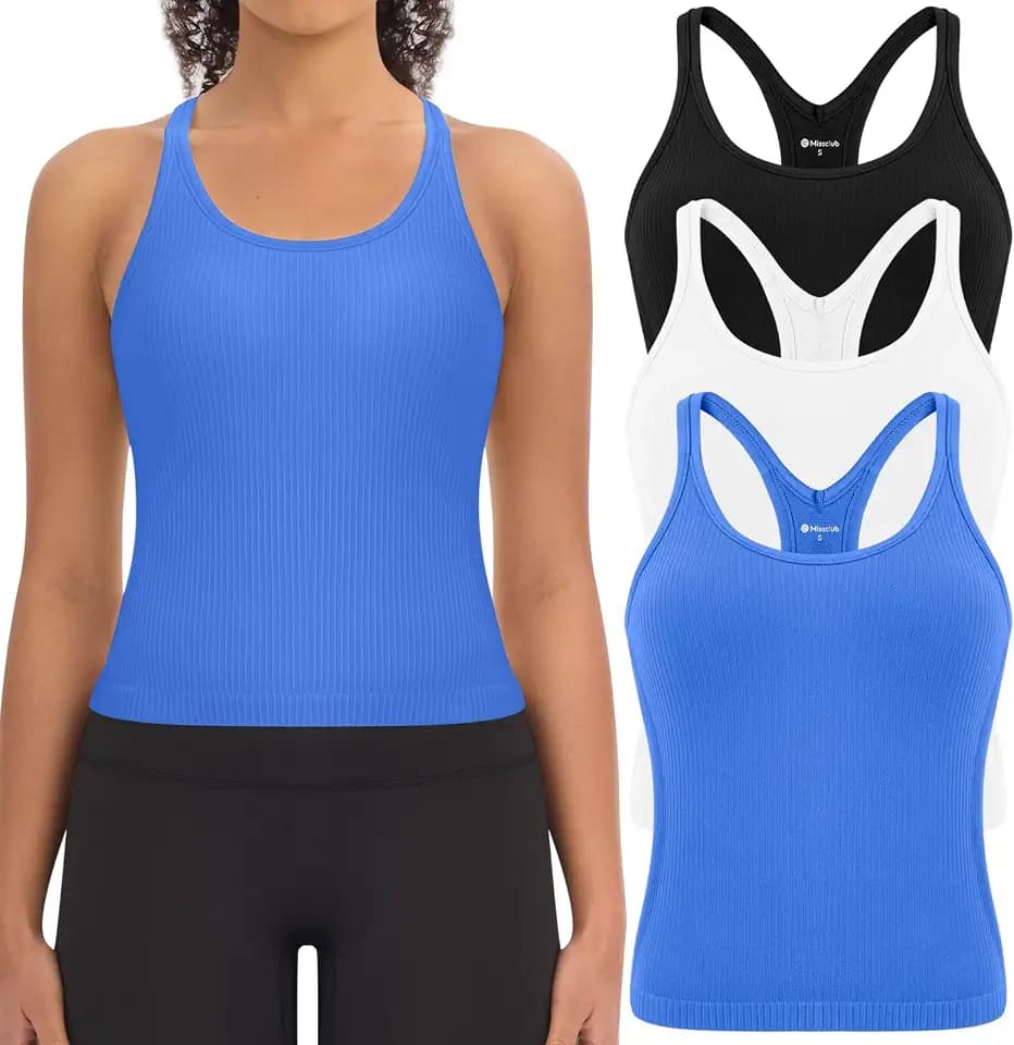 3 Pack Ribbed Workout Crop Tank Tops with Built in Bra for Women