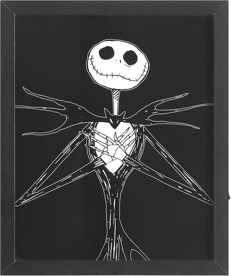 Disney Nightmare Before Christmas Jack Skellington LED Dual Wall Art, Gothic Halloween Décor, Black & White Skeleton Character Print, Tim Burton Nightmare Before Christmas Artwork, Spooky Home & Office Decoration in Black Frame,