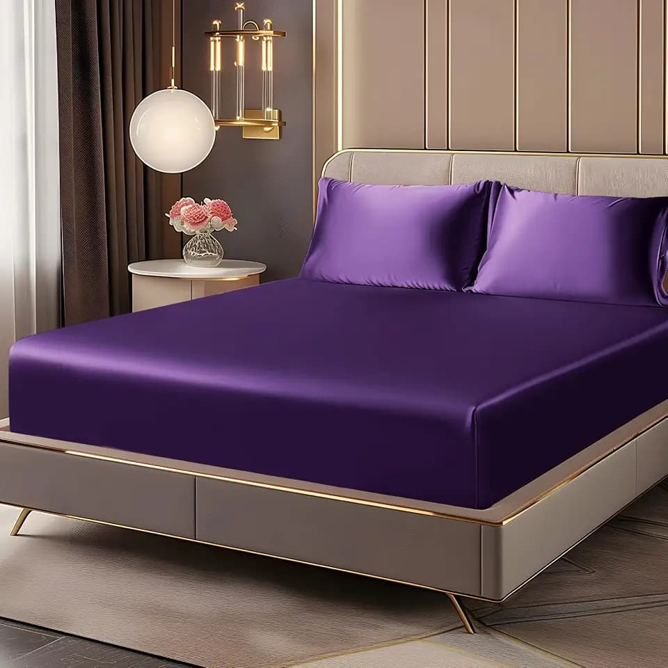 BEDELITE Satin King Fitted Sheet & Pillowcases Set, Plum Purple, 3 Pieces