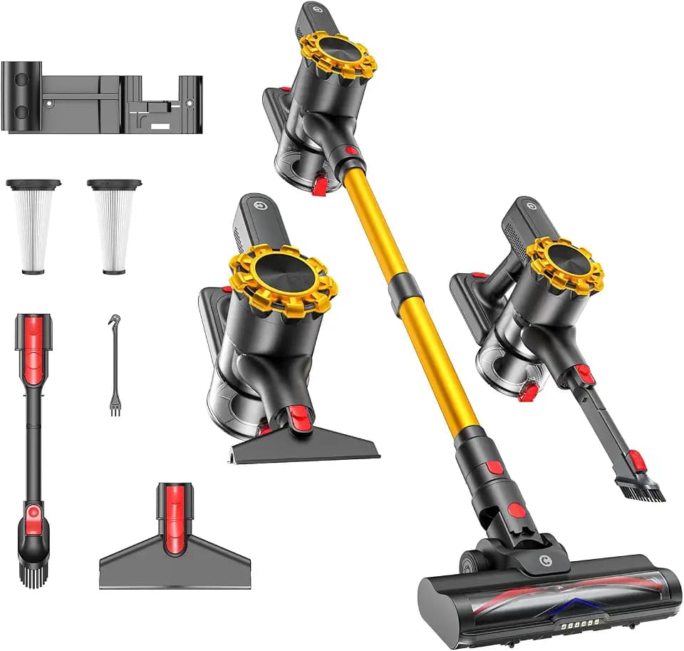 CHEBIO Cordless Vacuum Cleaner, 550W/45Kpa Vacuum Cleaners for Home, Self-Standing&Anti-Tangle, 65Mins Stick Vacuum with LED Display, 8 in 1 Lightweight Vacuums for Hard Floor/Carpet/Pet Hair