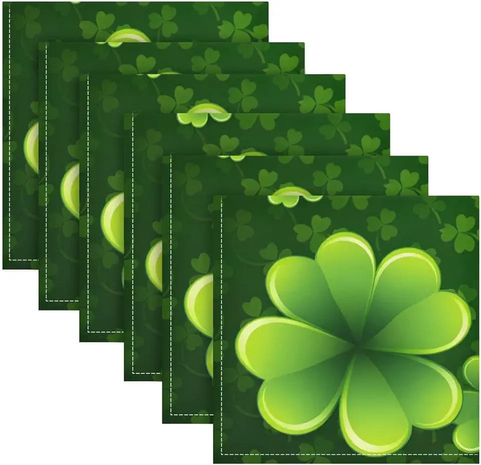 St. Patrick's Cloth Napkin Clover Shamrock Leaves Cloth Napkin Set of 6 Washable Reusable Polyester Table Napkins for Family Dinner, Wedding, Party, Holiday