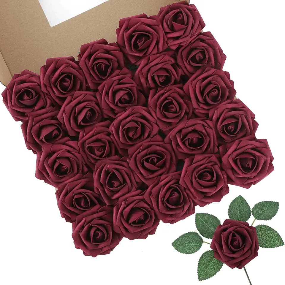 DuHouse 25Pcs Artificial Foam Roses Real Touch with Stems(Burgundy)