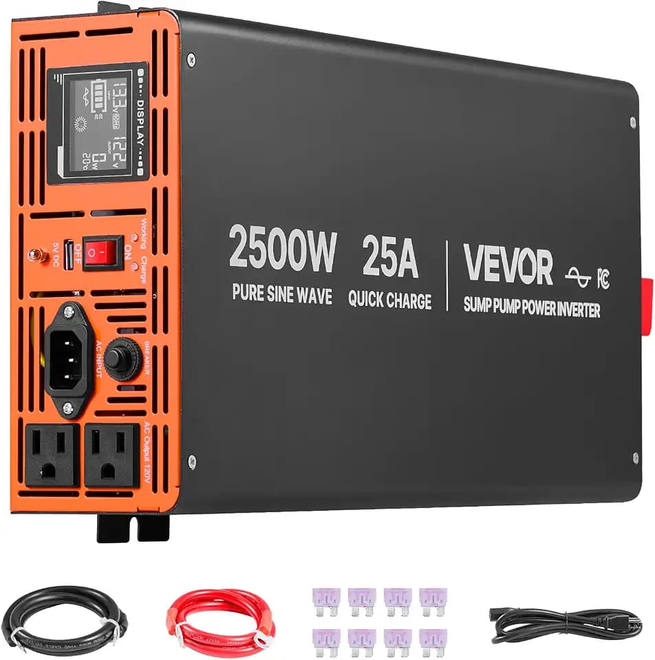 VEVOR 2500W Sump Pump Battery Backup System, LCD Display, Auto Switches to Battery Inverter Power for Sump Pump, Pure Sine Wave, for Basement Protection Emergency and Power Outage, Battery Not Include