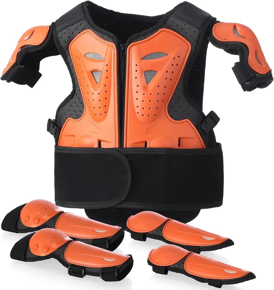 Kinder Motocross Schutzkleidung mit robustem brustpanzer und rückenprotektor Kinder, komplettes Protektoren Set mit Ellbogen- & Knieschützern für Bike, Skate, Scooter und Outdoor MX Training