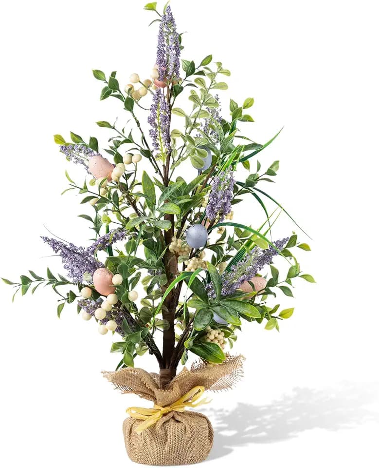 Glitzhome Easter Eggs Table Tree with Burlap Stone Base Decorative Artificial Table Tree Decor with Lavender and Eggs for Spring Easter Party Supplies Props