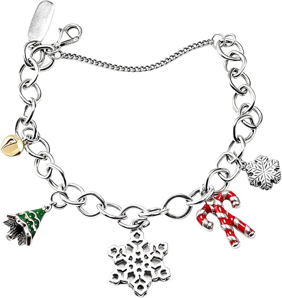 S925 JA Christmas Charm Bracelet, Sterling Silver with Festive Charms (Snowflake, Christmas Tree, Candy Cane, Bell)
