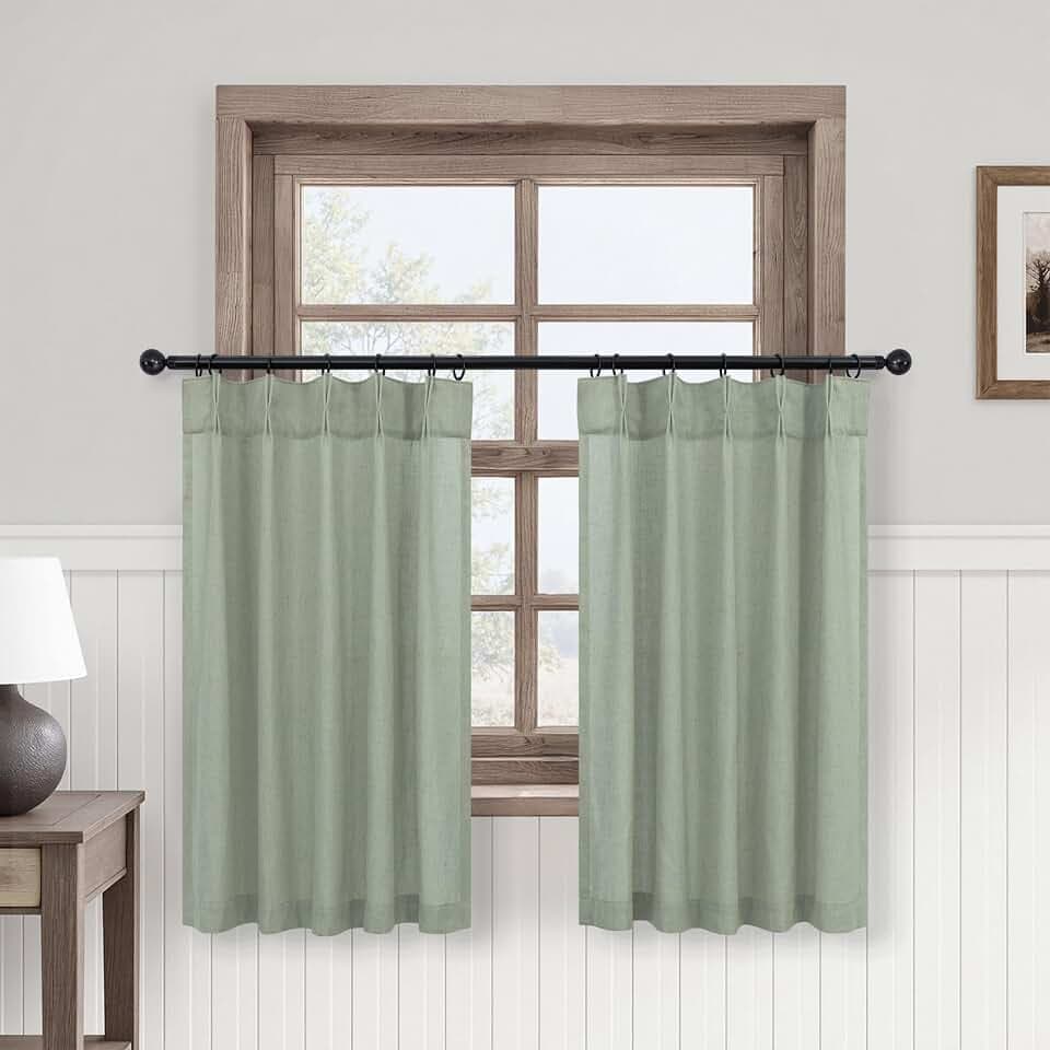 Sage Green Boho Kitchen Window Curtains Over Sink 36 Inch Length for Small Bathroom 2 Tier Short Linen Filtering Light Green Cafe Curtains for Doorway Basement 24x36 in Long Pinch Pleated Back Tab