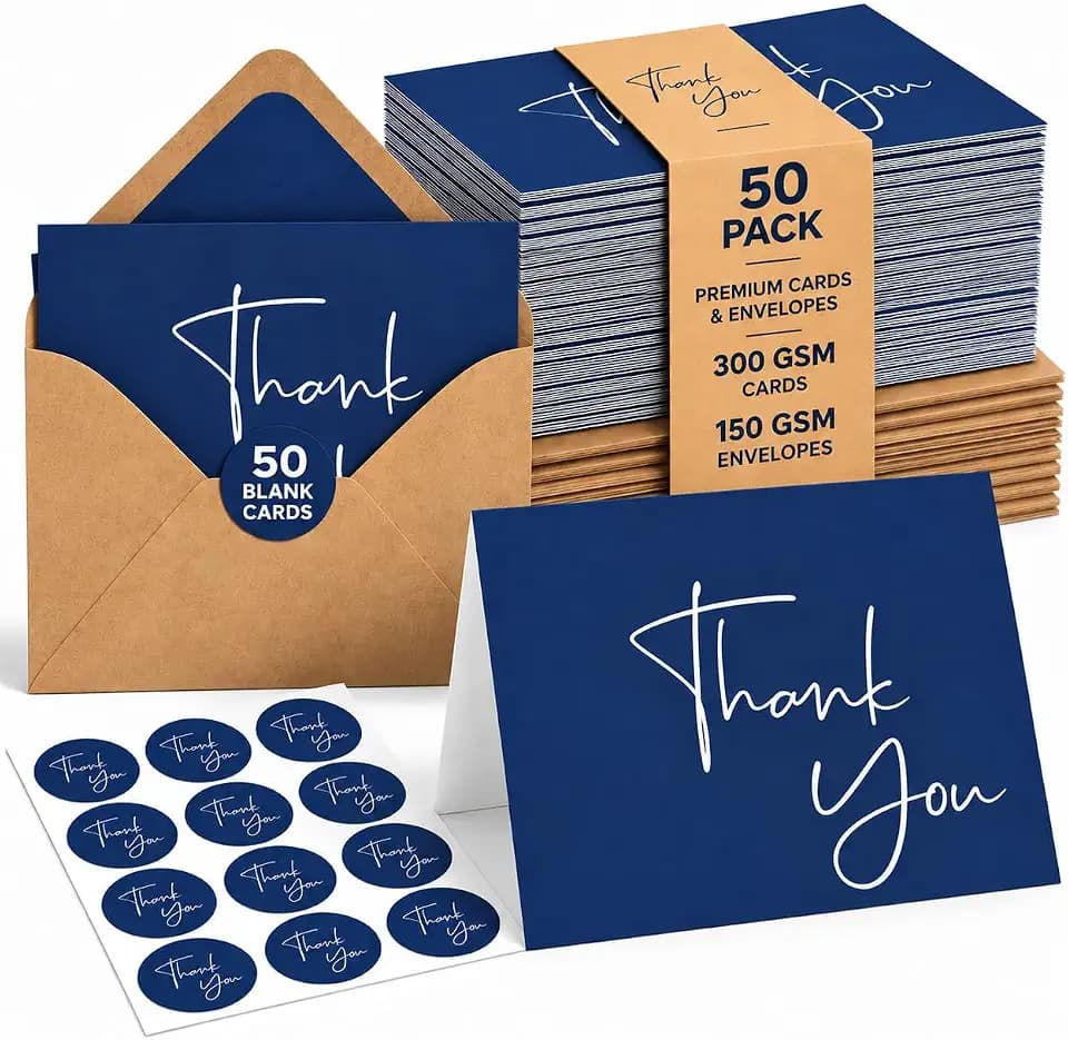 VNS Creations Thank You Cards With Envelopes - 50 Pack 3.5 x 5 - Navy Blue